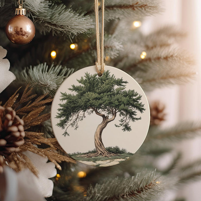 a ceramic ornament hanging from a christmas tree