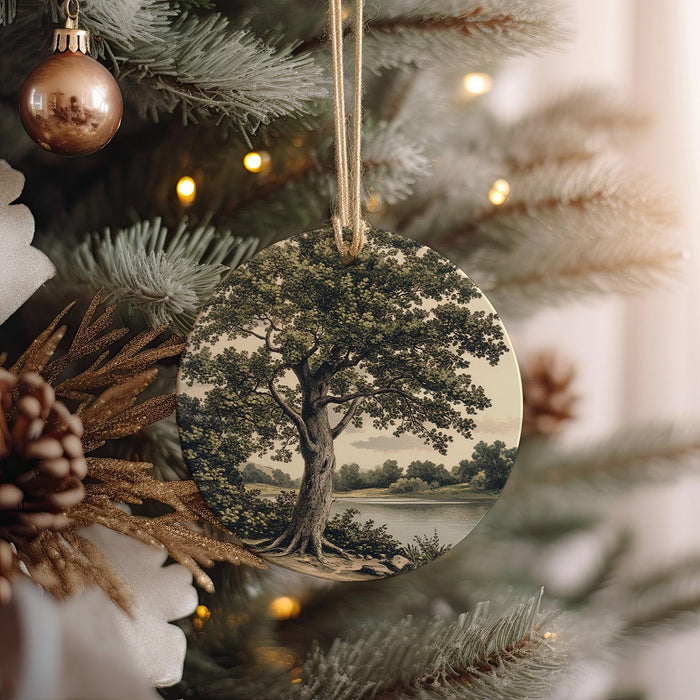 a christmas ornament hanging from a christmas tree
