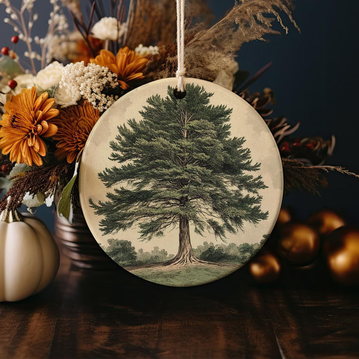 a ceramic ornament with a picture of a tree on it