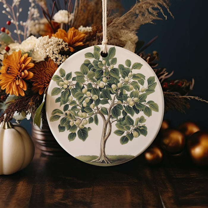 a ceramic ornament with a tree painted on it