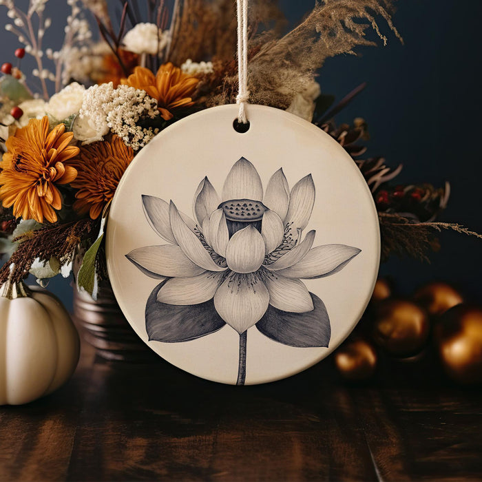 a ceramic ornament with a picture of a flower on it