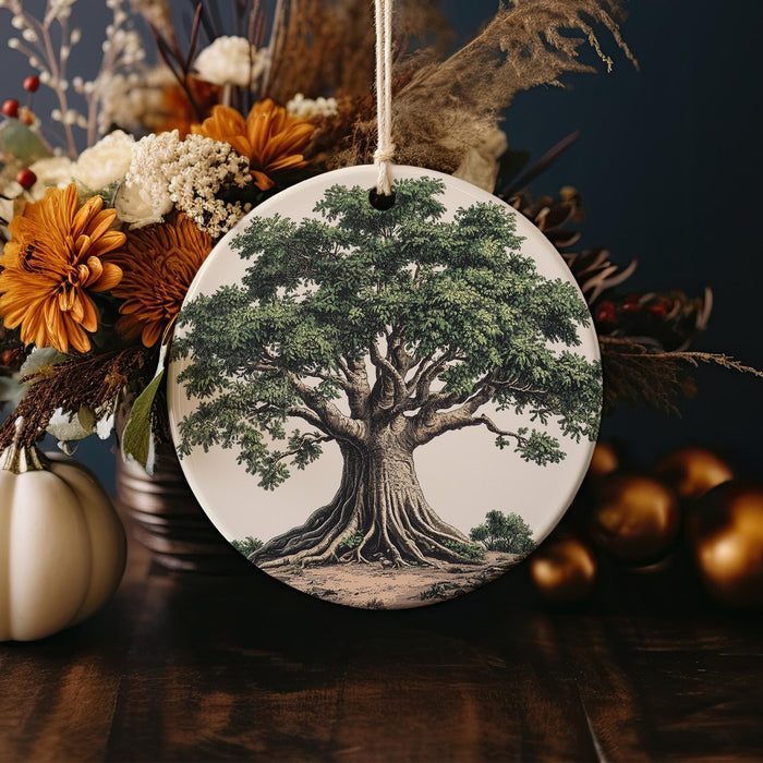 a ceramic ornament with a tree on it