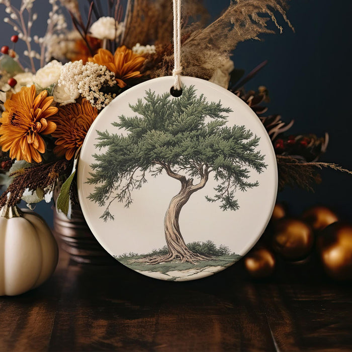 a ceramic ornament with a tree on it