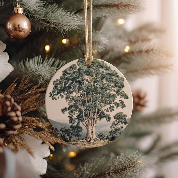a christmas ornament hanging from a christmas tree