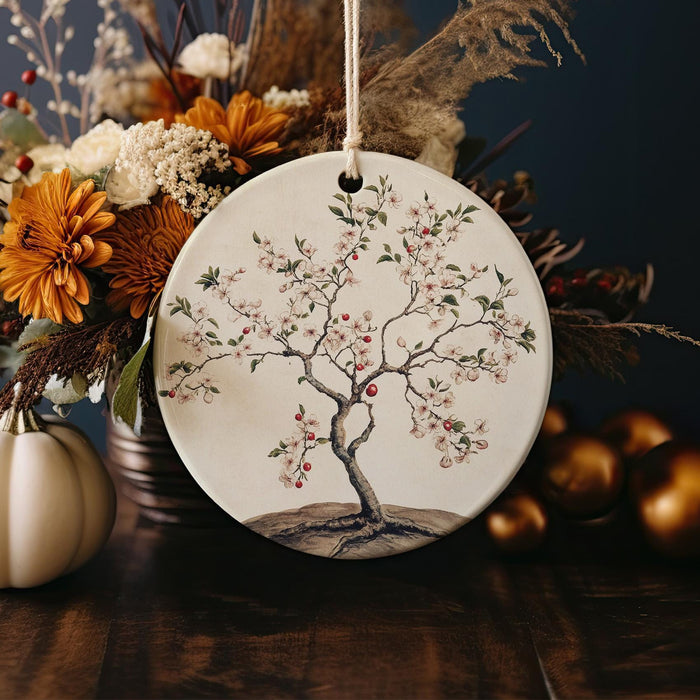 a ceramic ornament with a tree painted on it