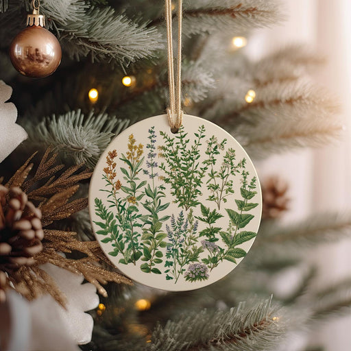 a ceramic ornament hanging from a christmas tree
