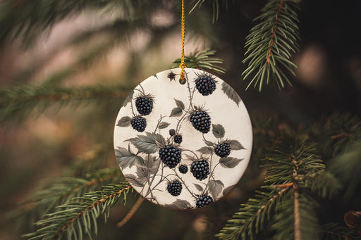 a ceramic ornament hanging from a pine tree
