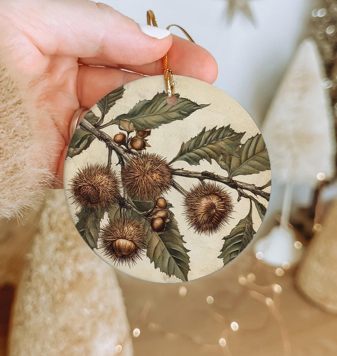 a person holding a christmas ornament with a tree in the background