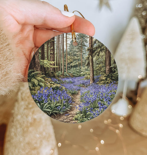 a hand holding a picture of a bluebell forest