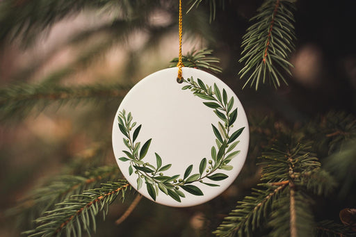 a white ornament hanging from a christmas tree