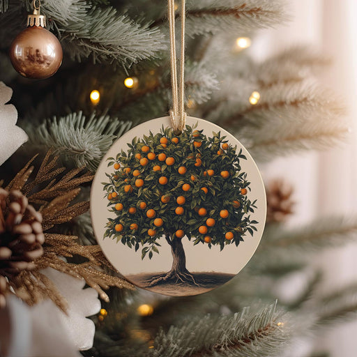 a ceramic ornament hanging from a christmas tree