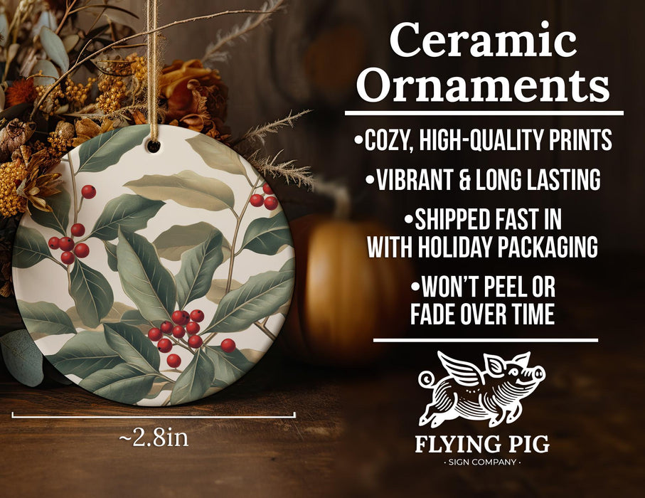 a ceramic ornament with holly leaves on it