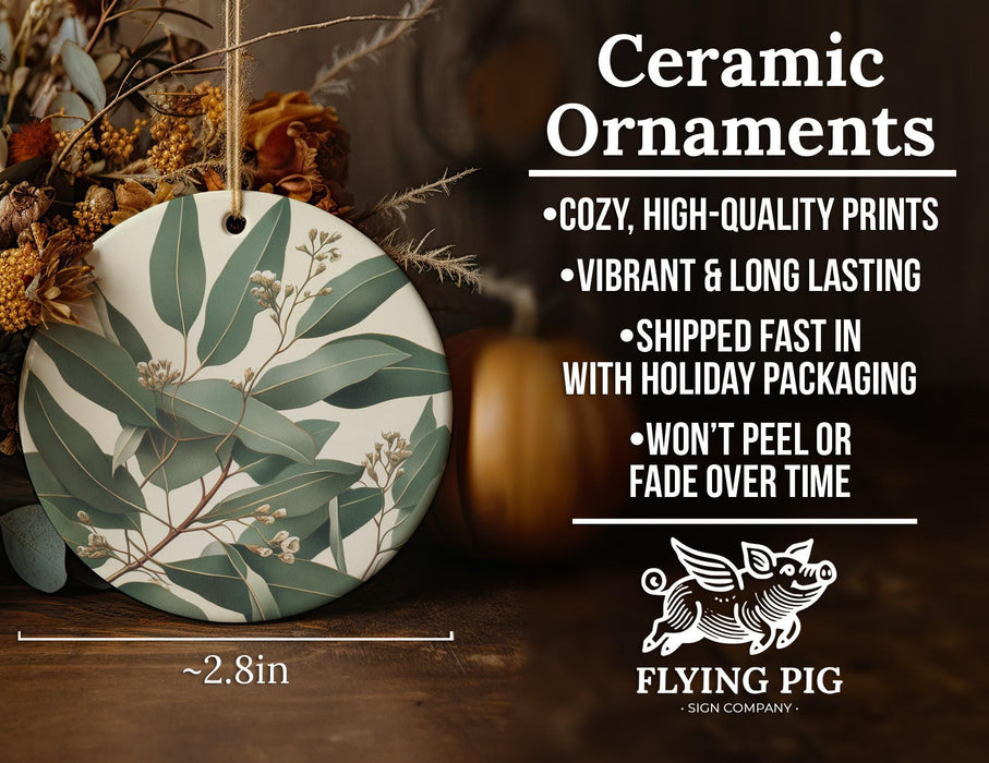 a ceramic ornament hanging on a wooden table
