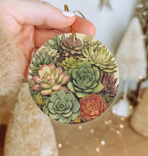 a person holding a round ornament with succulents on it