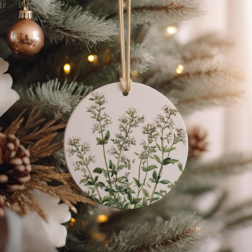 a ceramic ornament hanging from a christmas tree