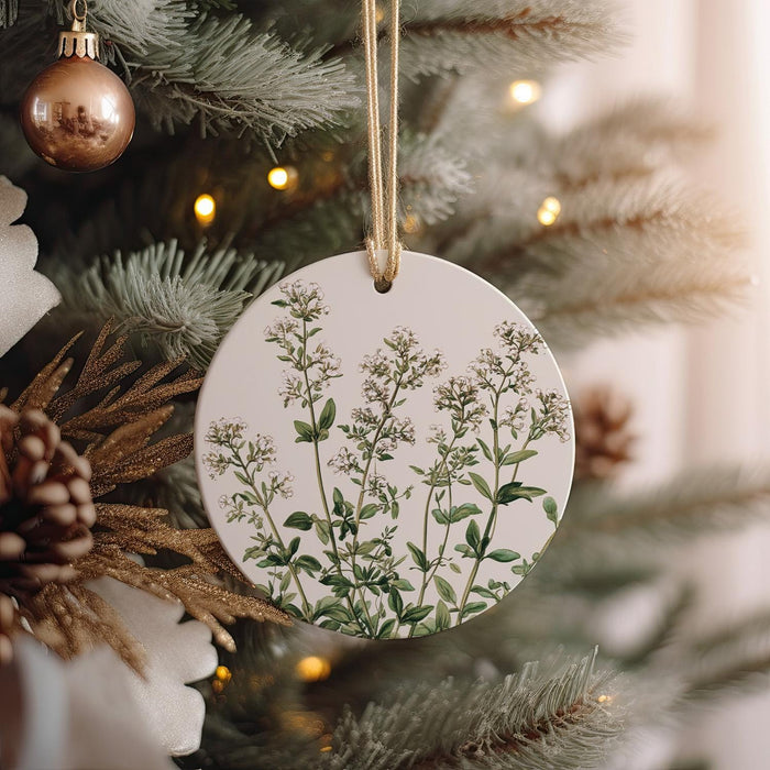 a ceramic ornament hanging from a christmas tree