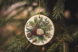 a christmas ornament hanging from a pine tree