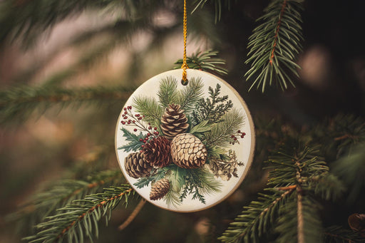a christmas ornament hanging from a pine tree