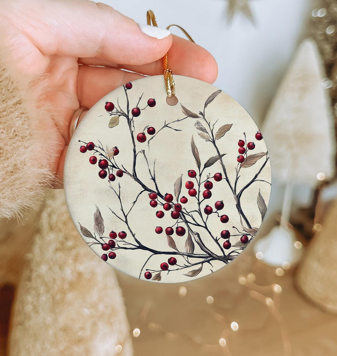 a hand holding a ceramic ornament with berries on it
