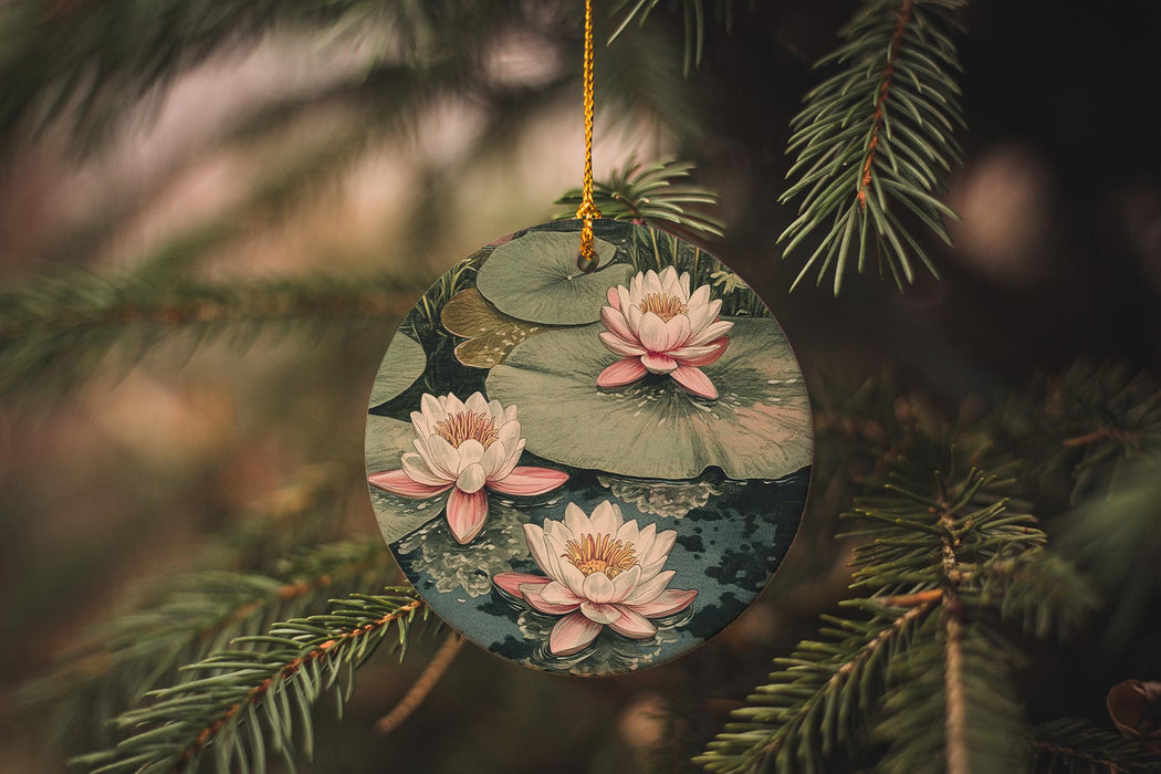 a christmas ornament hanging from a pine tree