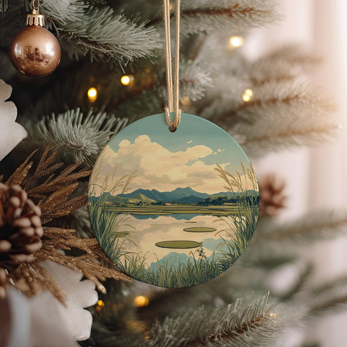a christmas ornament hanging from a christmas tree