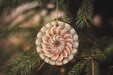 a christmas ornament hanging from a pine tree