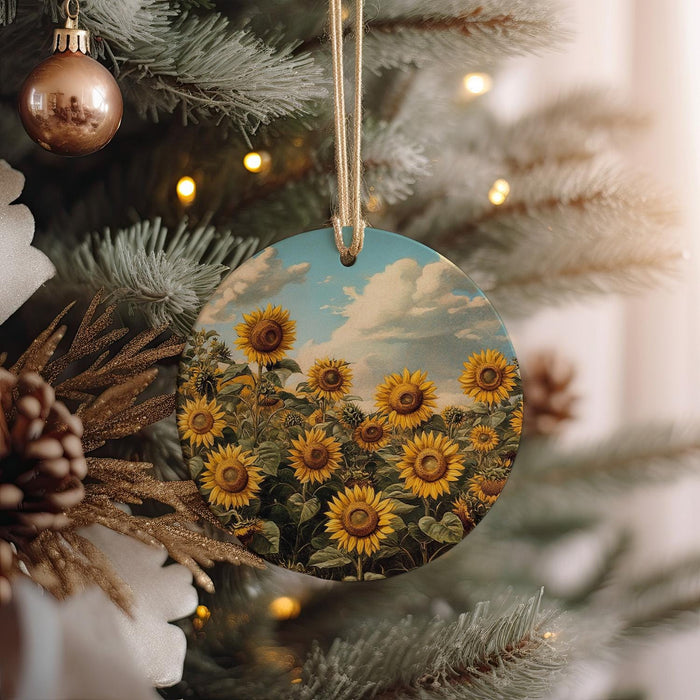 a christmas tree with a picture of sunflowers on it
