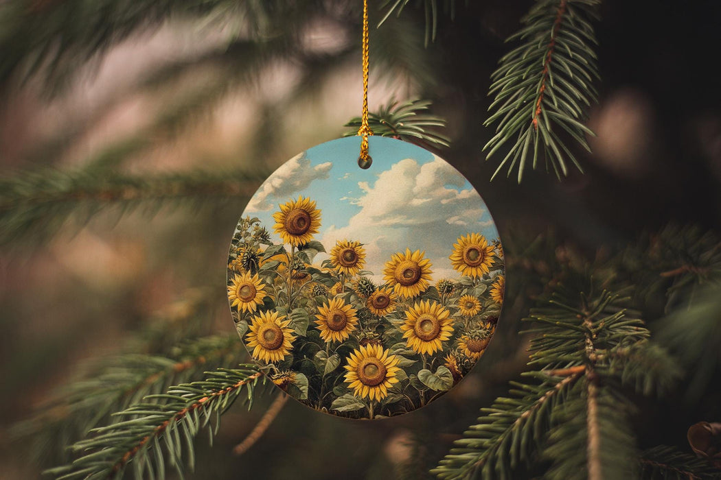 a sunflower ornament hanging from a pine tree