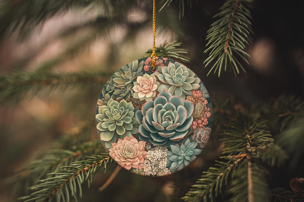 a ceramic ornament with succulents hanging from a pine tree