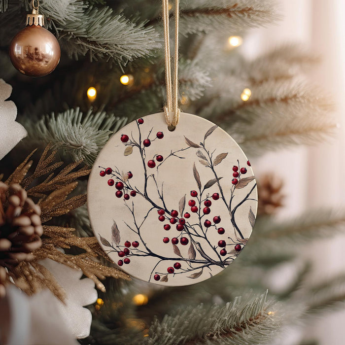 a ceramic ornament hanging from a christmas tree