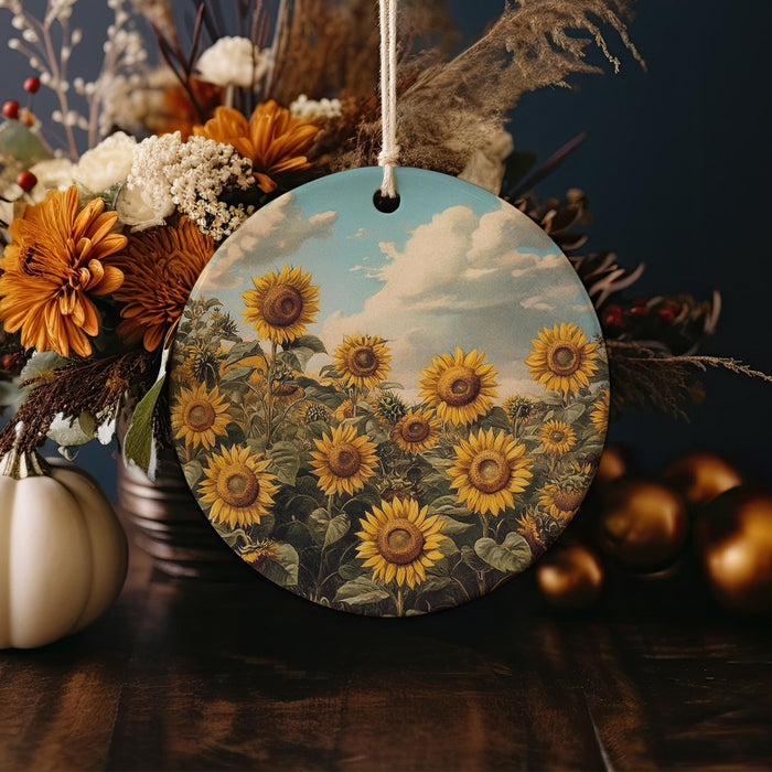 a painting of sunflowers on a table next to a vase of flowers