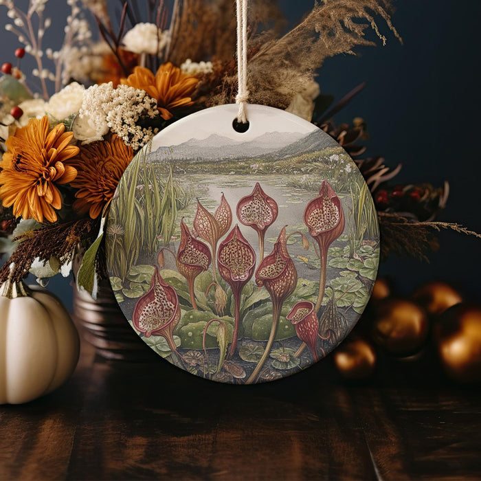 a ceramic ornament with a painting of flowers on it