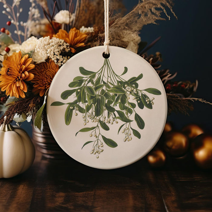 a white plate with a green plant on it
