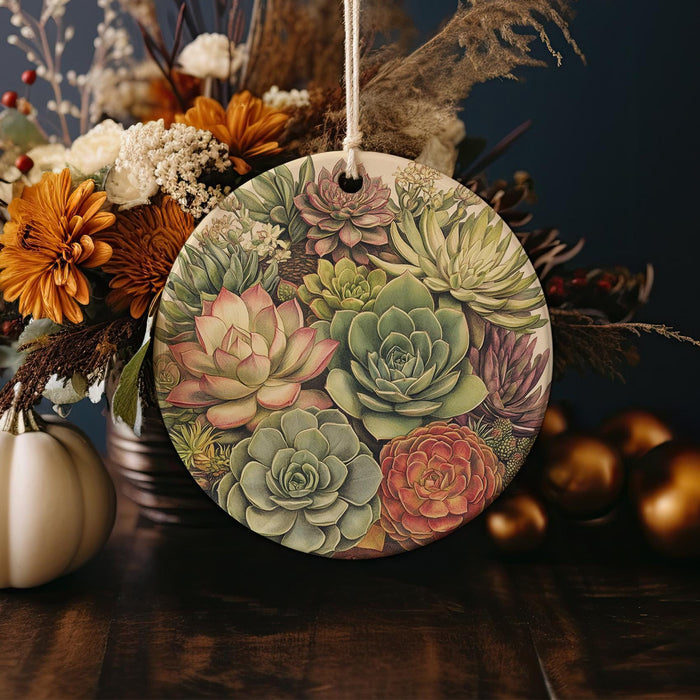 a ceramic ornament decorated with succulents and flowers