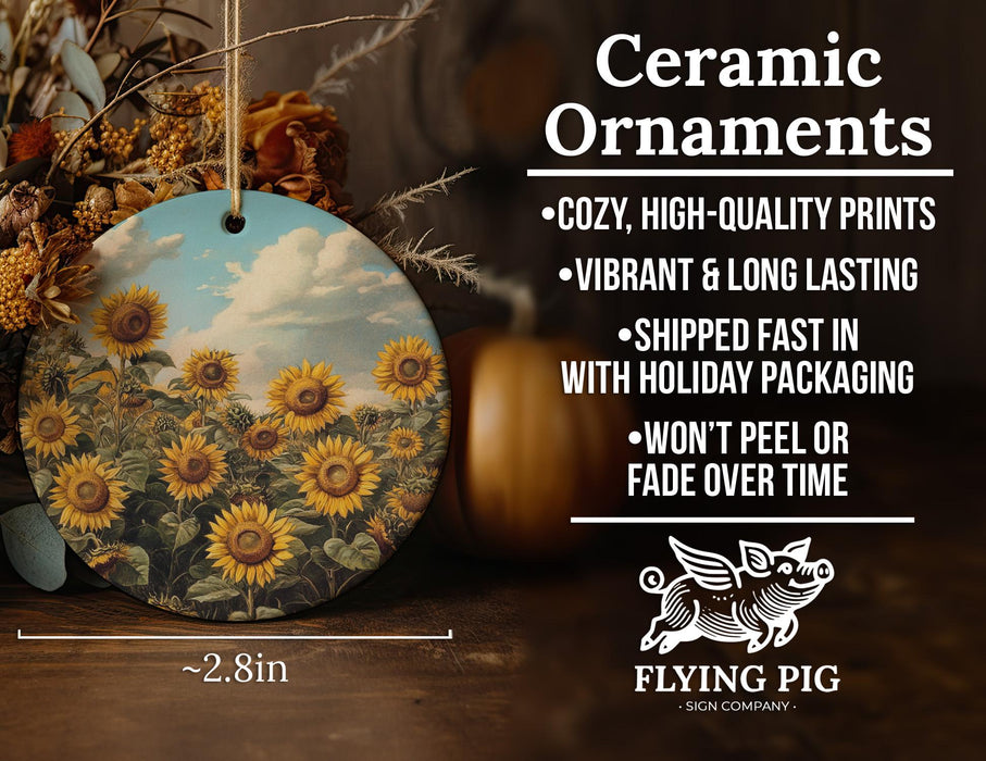 a ceramic ornament with a painting of sunflowers