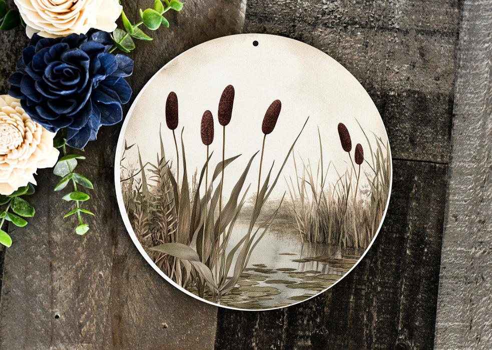 a plate with a picture of a pond and flowers
