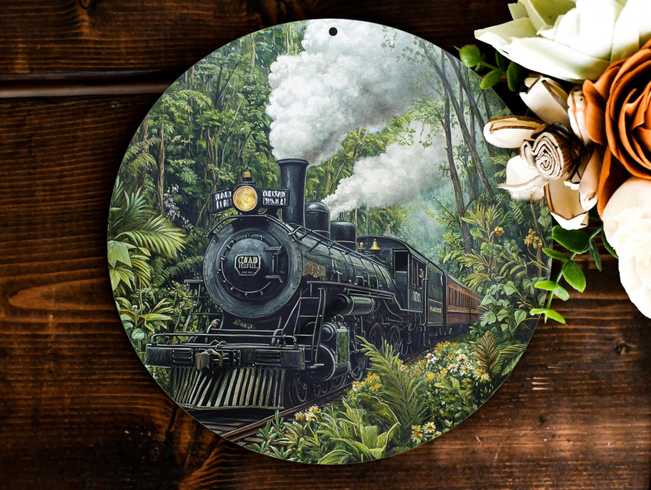 a painting of a train traveling through a jungle