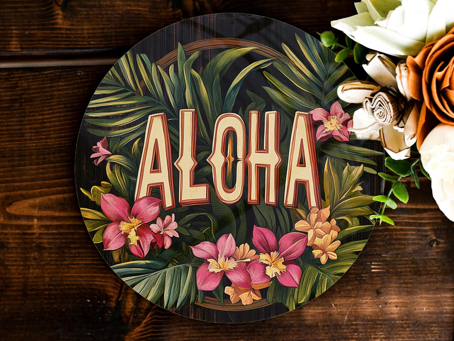 a picture of a flower arrangement with the word aloha painted on it