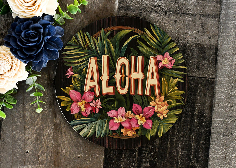 a wooden sign that says aloha surrounded by flowers