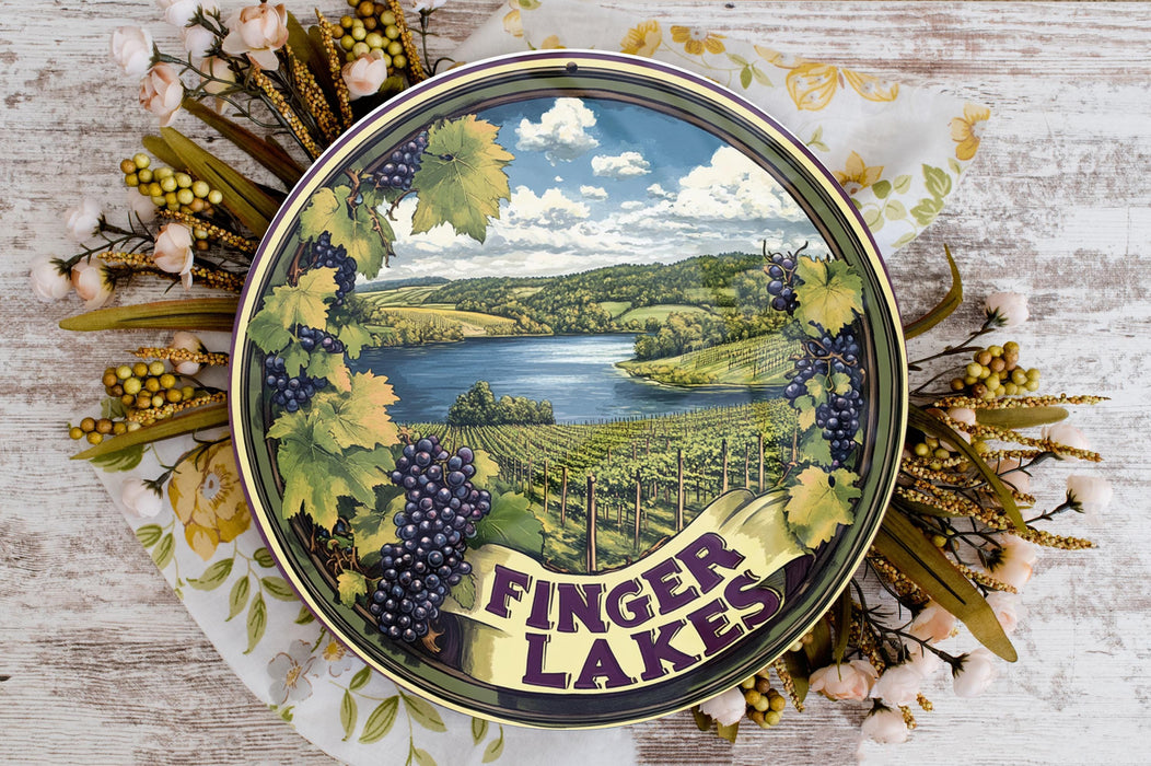 a painting of a finger lakes sign surrounded by flowers