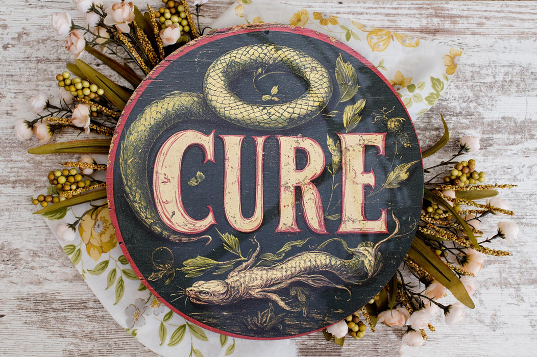 a sign with a snake on it that says cure