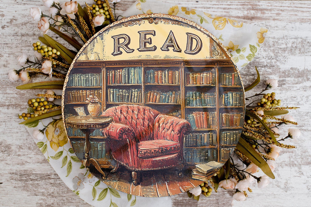 a picture of a chair in front of a book shelf