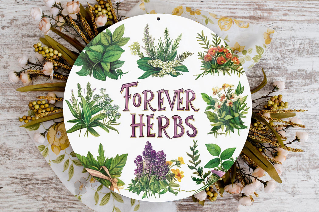 a white plate with flowers and herbs on it