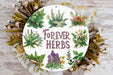a white plate with flowers and herbs on it