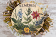 a plate with flowers and herbs painted on it