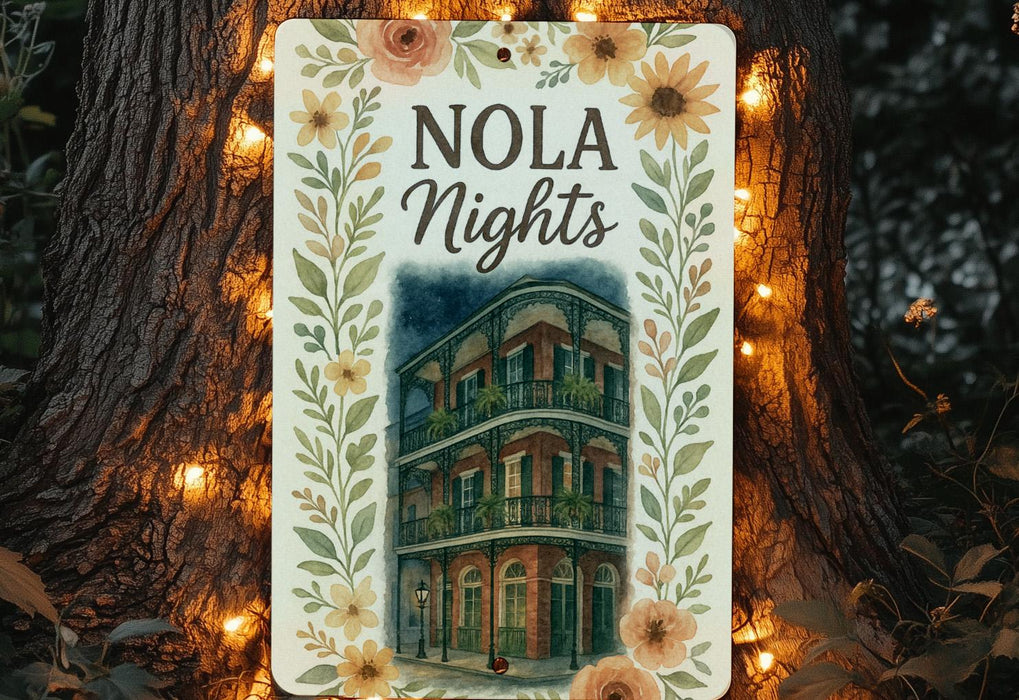 a sign that reads nola nights on a tree