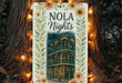a sign that reads nola nights on a tree