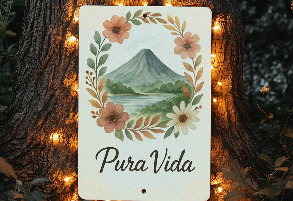 a sign with a picture of a volcano in the background