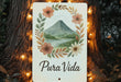 a sign with a picture of a volcano in the background