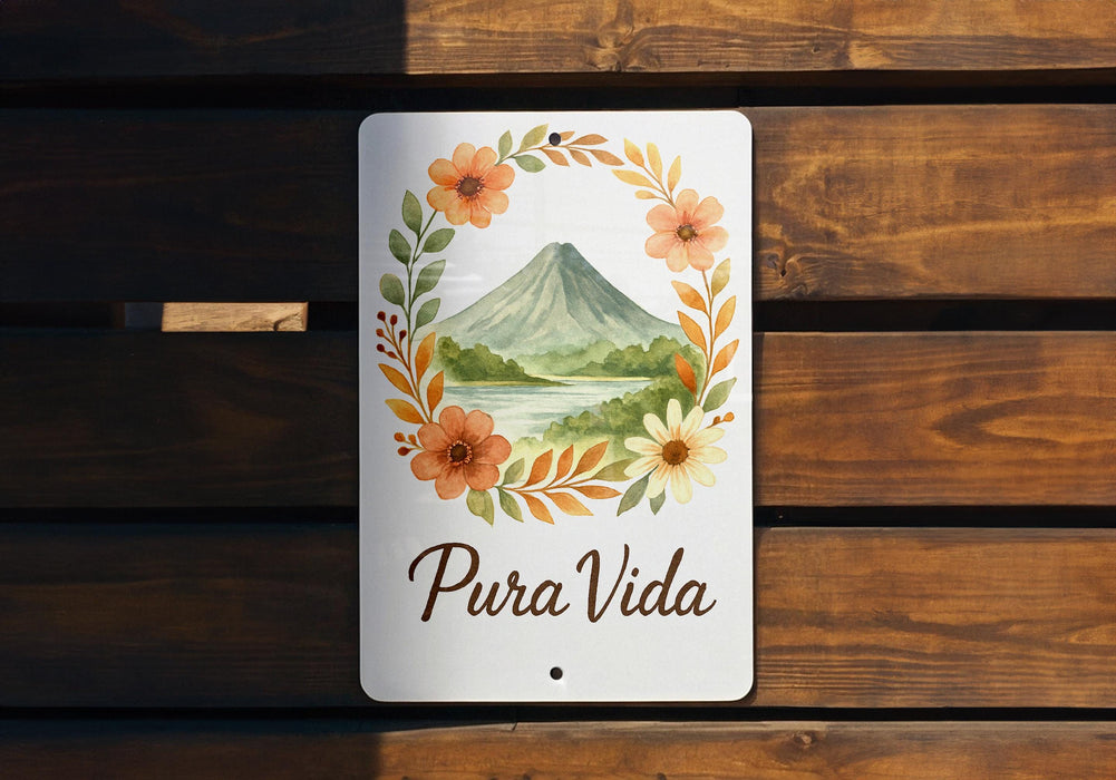 a wooden bench with a sign that says pura vida